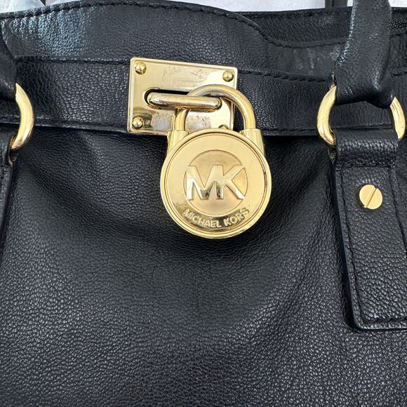 Michael Kors Womens Hamilton Satchel Handbag Leather Goldtone Lock Classic Black - Picture 4 of 13